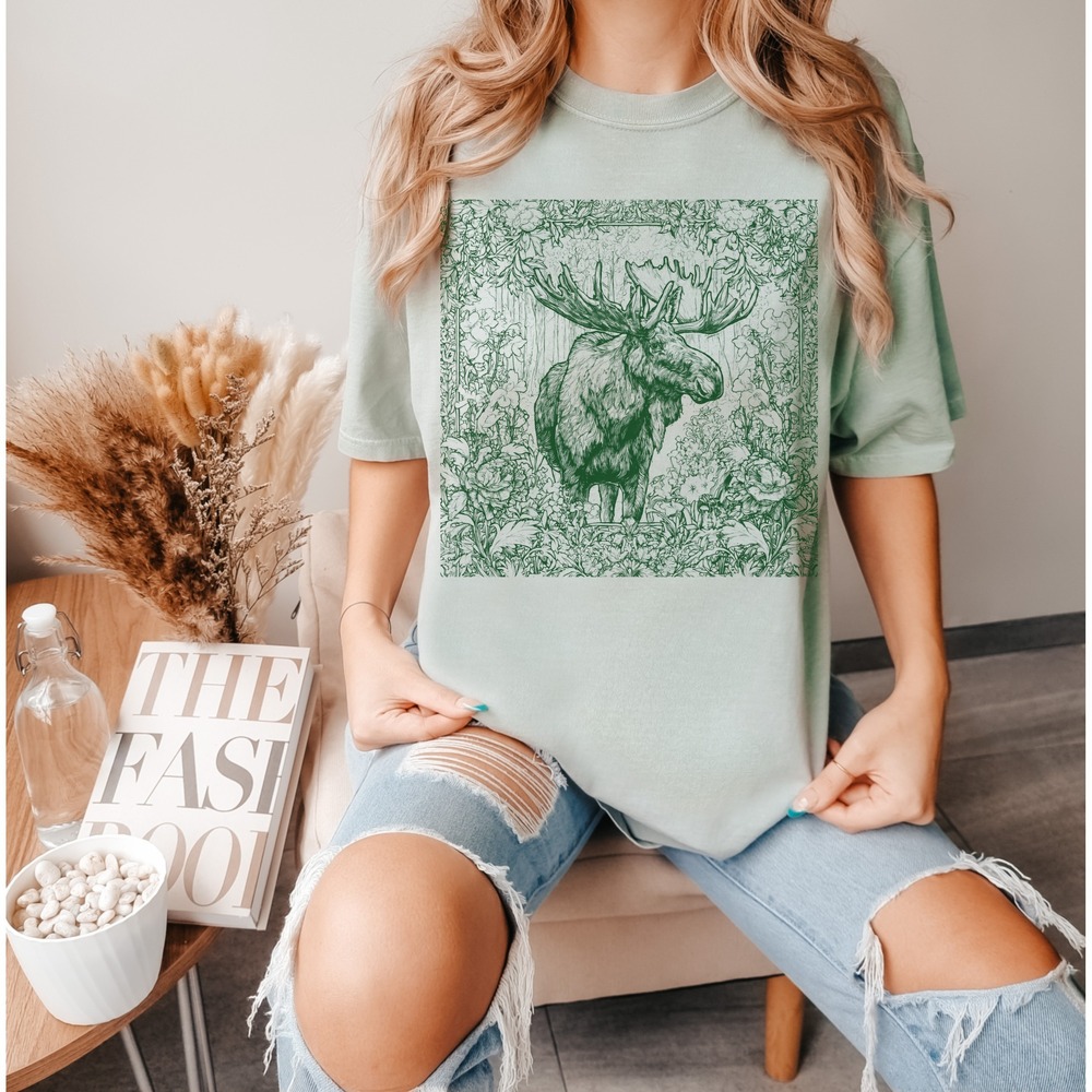 Moose Botanical Graphic Tee with Intricate Floral Border